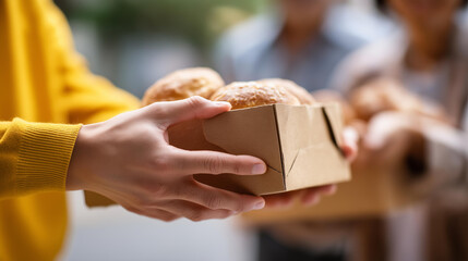 Faceless volunteers giving donations to homeless people in shelter, charitable supply distribution, community support program, humanitarian aid service, social welfare assistance,