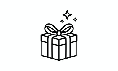 Elegant black and white line art gift box icon with a festive bow and sparkling stars for celebration designs