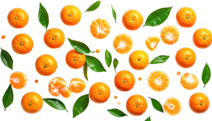 Scattered, vibrant citrus fruits and leaves on black background, creating a pattern