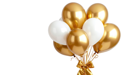 A bouquet of gold and white balloons on a black background, tied with a ribbon