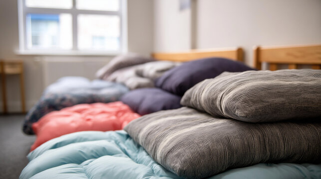 Interior of homeless shelter with bedding and sleeping bags, authentic societal scene focus on living conditions, temporary housing reality, emergency accommodation space, social i