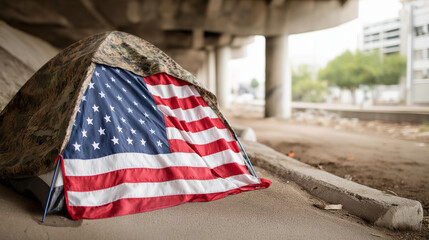 American flag at homeless tent made of camouflage tarp at road underpass, patriotic symbolism in poverty, makeshift shelter, urban displacement, national identity contrast, with co