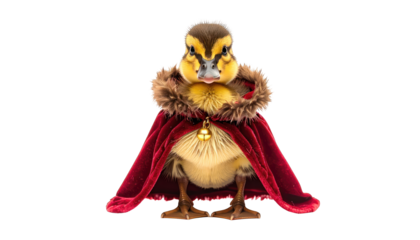 A regal duckling, center framed, draped in a red velvet cape with fur trim