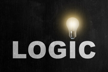 The word logic in bold white letters on a dark chalkboard background with a glowing light bulb...
