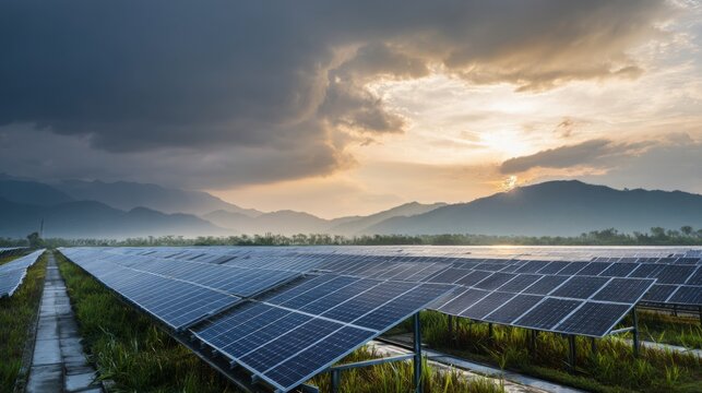 Serene Landscape of Solar Panels Surrounded by Mountain Range Under Dramatic Cloudy Sky at Sunset with Reflections on Ground