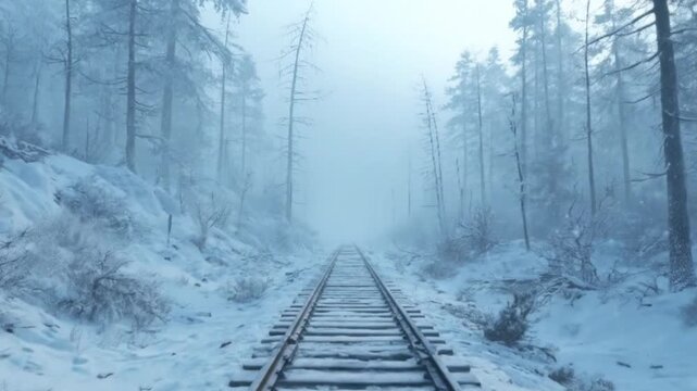 A captivating journey along snow-covered railroad tracks, winding through a dense, frosty forest blanketed in fresh powder. Thick mist or fog shrouds the distant treeline, creating an ethereal and mys