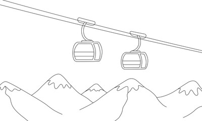 Minimalist winter mountain landscape with two ski gondola cabins cable car transportation system line art illustration © StockVerse