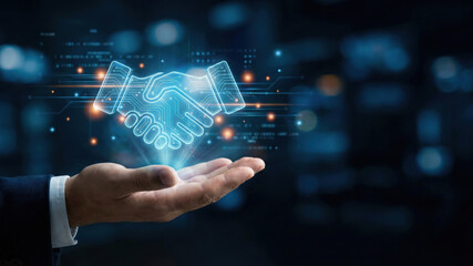 Fototapeta premium Digital handshake hologram above hand, symbolizing business agreement and technology connection in futuristic style