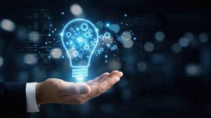 Glowing light bulb hand gears brain icons technology innovation digital business idea creativity