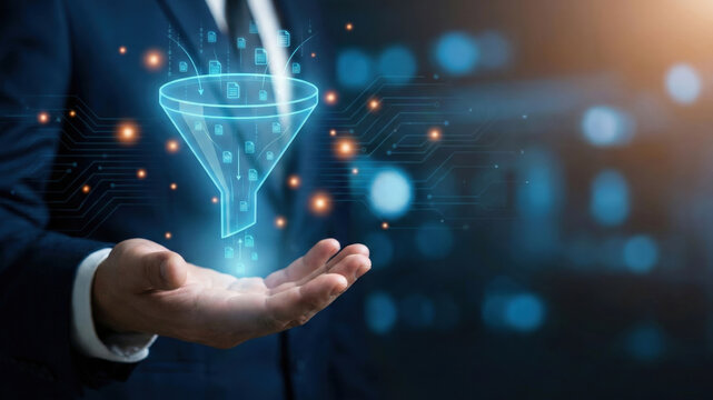 Data filter concept with businessman holding digital funnel hologram, technology innovation for information processing and analysis - Powered by Adobe