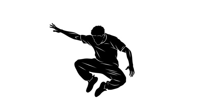 Silhouette of a young man performing a dynamic parkour jump in mid air showcasing athleticism and urban movement