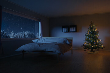 3d rendering of a spacious bedroom with cozy low bed and Christmas tree at night