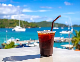 Iced coffee on a white table with a straw, set against a backdrop of a tropical sea and sailboats
