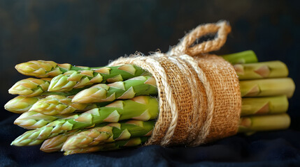 Fresh green asparagus bundle on dark rustic background