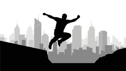 Silhouette of a man jumping across a gap in a cityscape symbolizing success and overcoming challenges
