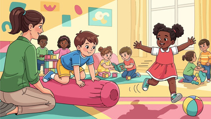Diverse group of happy young children engaged in fun activities with their teacher in a bright preschool classroom promoting early childhood education and development