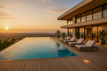 Fototapeta premium Modern villa with infinity pool at sunset overlooking landscape