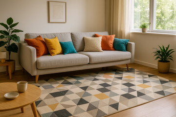 Cozy living room with colorful pillows and geometric rug