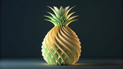 Abstract geometric pineapple with layered twisting shapes and soft yellow green glow on dark background