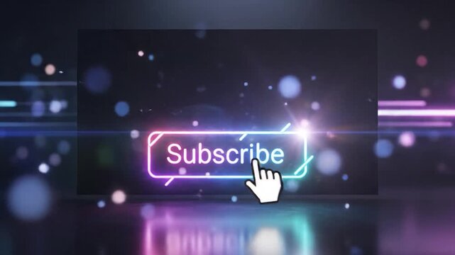 Neon "Subscribe" button with a cursor pointer, set against a dark, glowing background