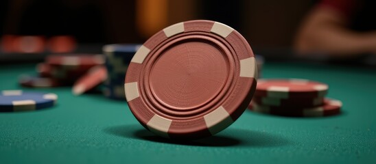 Close-up of poker chips on a green felt table.