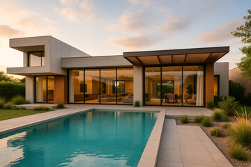 Fototapeta premium Modern minimalist house with pool and sunset reflection view