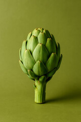 Obraz premium Fresh green artichoke on a solid green background