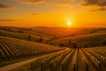 Fototapeta premium Sunset over lush vineyards in rolling hills landscape