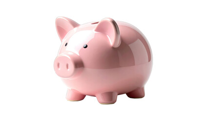 Obraz premium Pink ceramic piggy bank, glossy finish, side view, isolated on transparent background