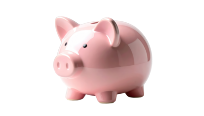 Pink ceramic piggy bank, glossy finish, side view, isolated on transparent background