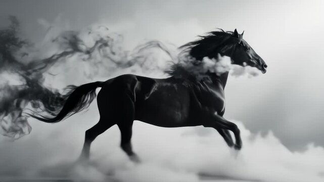 Elegant Black Horse Galloping With Smoky Effects on Monochrome Video