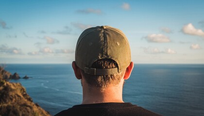 Young man wearing a green baseball cap seen from behind, gazing at the vast blue ocean and distant horizon, concept for travel, freedom, and contemplation.