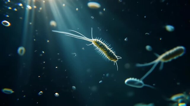 Microscopic view of bacteria swimming in water with light rays.