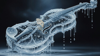 Frozen Melody An Illustrative Depiction of a Violin Encased in Ice with Dripping Water, Symbolizing Chilled Harmony and Muted Sound