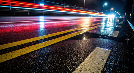 Light trails from traffic on a wet city road at night. Long exposure photograph showing speed and motion on the asphalt