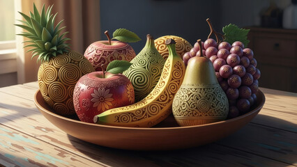 Exquisite Bowl of Ornate Fresh Produce Featuring Hand-Carved Designs on a Rustic Wooden Surface, Capturing Artistic Detail and Wholesome Charm
