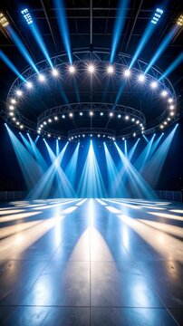 Stage lighting rig with spotlights shining down onto the stage floor, creating geometric patterns, event venue, arena lights