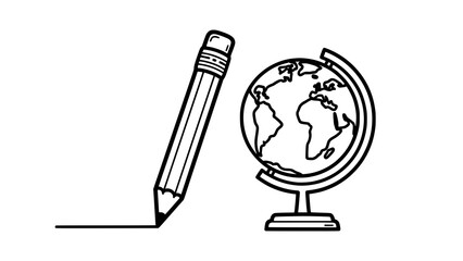 Education Essentials: An elegant black and white illustration of a globe next to a pencil, symbolizing the essence of knowledge and learning.