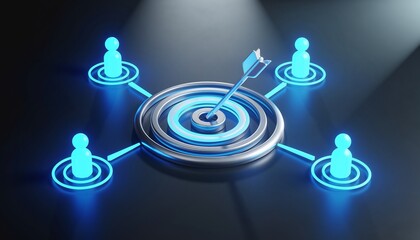 A central glowing target with an arrow hits the bullseye, connecting to four linked person icons, illustrating precise marketing and reach, concept for advertising, strategy and networking.