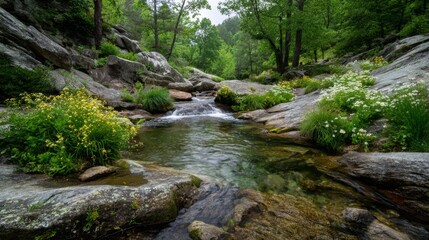 Serene Stream Flowing Through Rocky Landscape Surrounded by Lush Greenery and Vibrant Wildflowers in a Tranquil Nature Setting