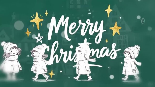 hand drawn scribble children walking through a paris inspired snowy village with pastel lights