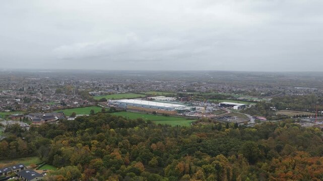 Aerial drone video of a large new-build data center in Waltham Cross, UK, showcasing expanding digital infrastructure designed to meet rising AI-driven computing and cloud processing demands.