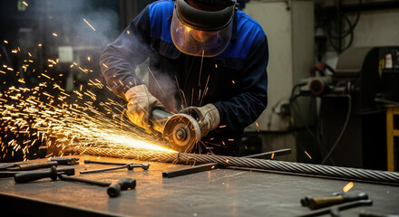 Industrial worker using an angle grinder to cut metal. Craftsman in a workshop with sparks flying from a power tool. Metalworking and manufacturing concept
