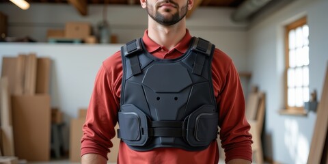 Man wearing protective gear in a workshop setting.