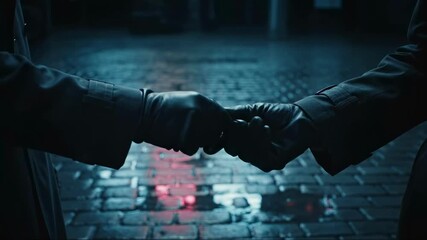 Close-up of a secret exchange between two spies at night. Hands in leather gloves passing a USB drive on a wet street. Espionage and data theft concept