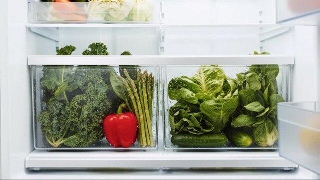 Fresh vegetables stored in refrigerator crisper drawers. Healthy food ingredients including red pepper, asparagus, and lettuce inside a clean white fridge. Zoom in on organized groceries