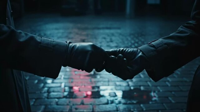 Close-up of a secret exchange between two spies at night. Hands in leather gloves passing a USB drive on a wet street. Espionage and data theft concept