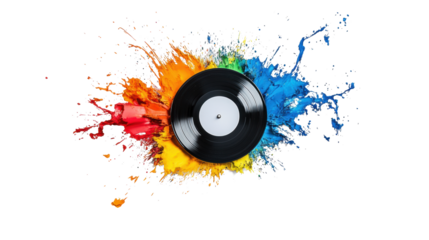 Vinyl record with colorful paint splash on transparent background