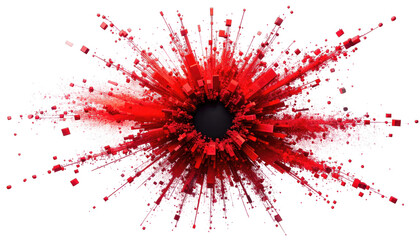 Abstract burst of red and white radiating outward from a central black sphere