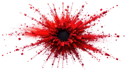 Abstract burst of red and white radiating outward from a central black sphere